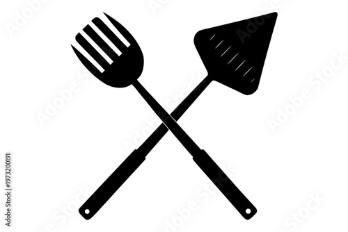 Kitchen utensils vector illustration. grill fork and spatula tool black silhouette vector