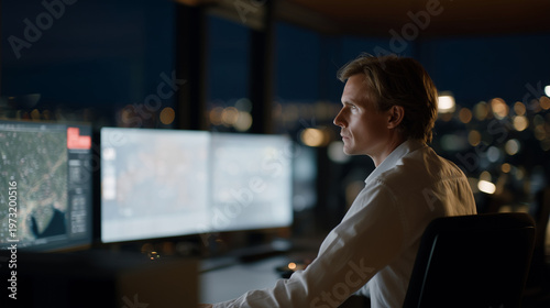 Multiple curved displays showing threat intelligence dashboards and incident response workflows as analyst reviews anomaly patterns during overnight shift in operations center, perfect for security 