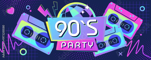 Retro fluorescent disco poster or banner of 80s-90s with audio cassettes and disco ball. Memphis style background. Vector illustration