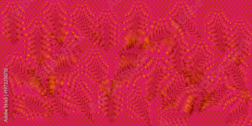 Seamless Pattern with Golden Feather-Like Foliage and Polka Dots on Magenta Background