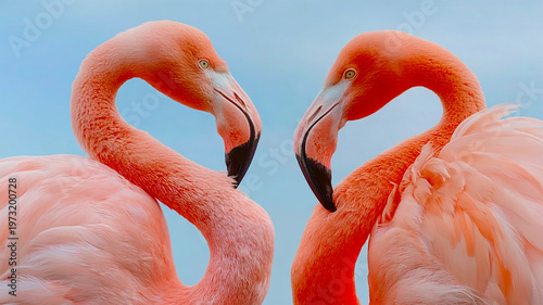 Two Flamingos bright blue background. Two Great African flamingos wade gracefully through the blue lagoon. Their vibrant pink feathers stand out against the bright African sky. 