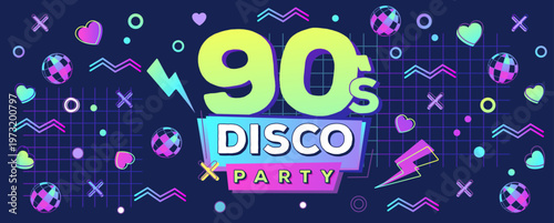 Retro fluorescent disco poster or banner of 80s-90s with geometric elements and disco ball. Memphis style background. Vector illustration