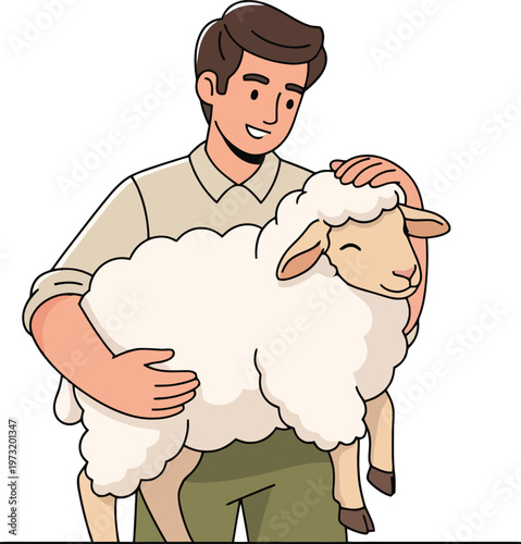 Farmer Holding Sheep Vector Illustration - Man Carrying Lamb Animal Agriculture Livestock Farm Care Concept Flat Design