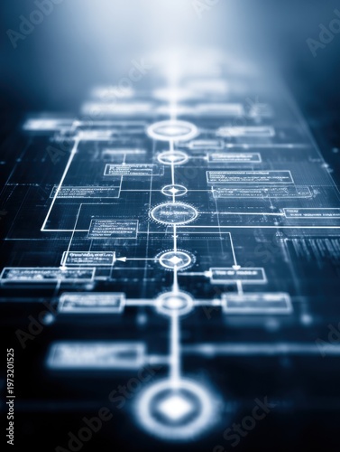 Abstract Futuristic Flowchart and Algorithm Visualization with Glowing Nodes and Connections