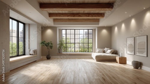 Spacious sunlit loft apartment interior with large windows, exposed beams, and modern minimalist furniture