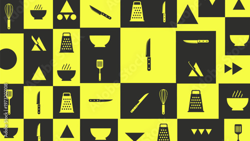 Seamless kitchen utensils pattern vector art whisk grater knife spatula bowl triangle shapes on black and yellow