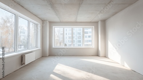 Sunlit Empty Room with Large Windows, Concrete Ceiling, and White Walls - Ready for Renovation