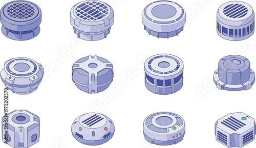 Futuristic Sci Fi Device Collection Featuring Technology Pods Mechanical Modules and Industrial Control Units for Game Asset Design and Innovation Illustration Set