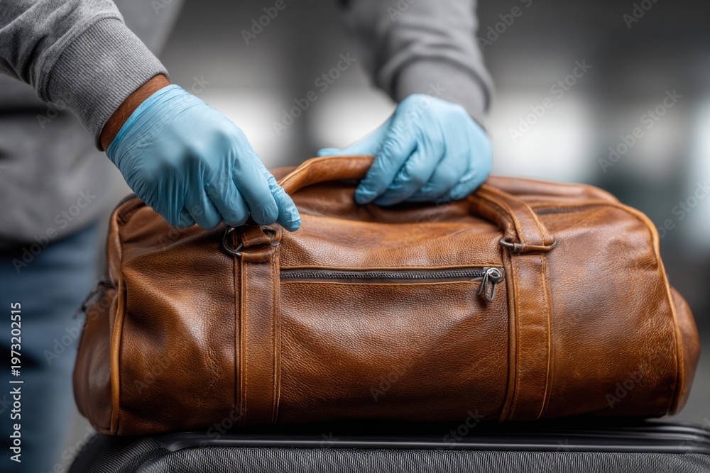 Fototapeta premium Person wearing protective gloves packing a stylish brown leather duffel bag for travel or everyday use