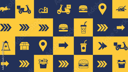 Fast food delivery service icons and symbols representing speed logistics and food items like burgers and drinks