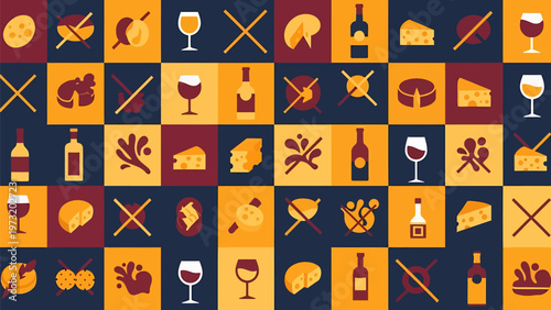 Abstract geometric pattern of food and drink icons symbolizing dietary restrictions and healthy eating choices