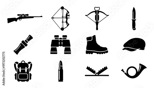 Hunting Equipment Silhouette Set – Rifle, Bow, Knife, Binoculars, Backpack and Gear Icons