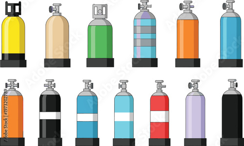 Gas Cylinder Collection Featuring Oxygen Propane Industrial Tanks and Pressure Containers for Medical Welding and Chemical Storage Equipment Illustration Set