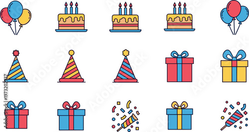 Colorful Birthday Party Illustration Set with Balloons, Cake, Hats, and Gift Boxes for Celebration, Event, and Festive-Themed Designs