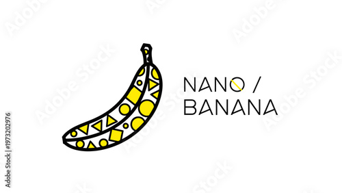 Stylized banana graphic with geometric shapes and text overlay nano banana on a white background abstract fruit concept