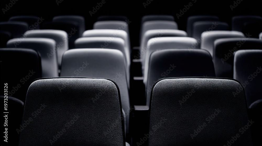 Fototapeta premium Empty rows of dark cinema theater seats in a dimly lit auditorium, creating a somber and expectant atmosphere.