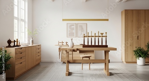 Woodworking Workshop Featuring a Traditional Oak Workbench and Carving Tools