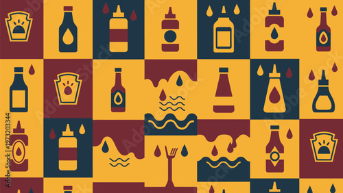 Colorful geometric pattern of various condiment bottles and sauces abstract mosaic design with drops and splashes
