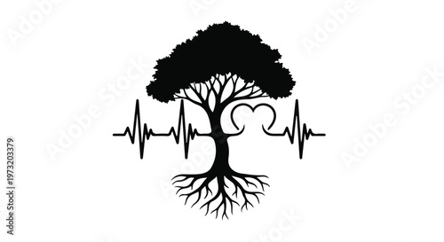 Tree silhouette incorporates a heart-shaped branch and an EKG heart rate monitor line to symbolize health and the environment.