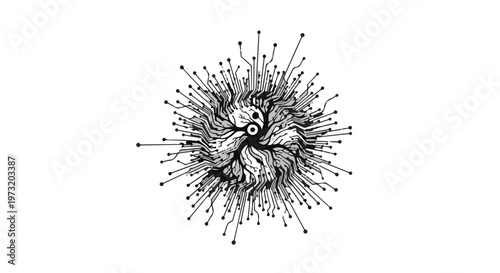 Technology icon displays a complex circuit board pattern radiating outward from a central circular hub in a modern digital style.