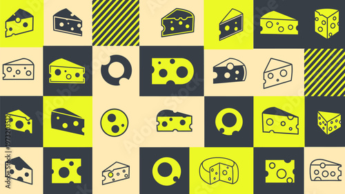 Abstract geometric pattern of various cheese slices and wheels featuring bold yellow and dark blue halftones