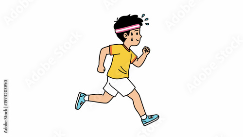 Cartoon Boy Running and Sweating Isolated on White Background