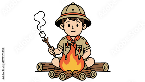 Scout boy roasting marshmallow at campfire isolated on white