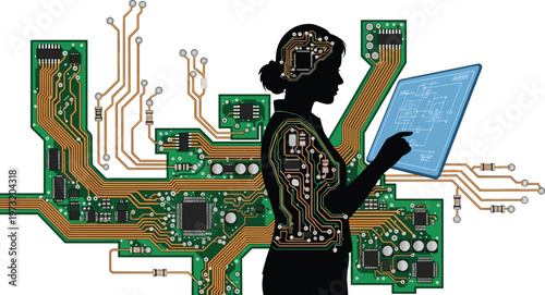 Digital Technology Illustration Featuring Woman with Circuit Board and Blueprint for Tech, Innovation, and Digital Design Projects