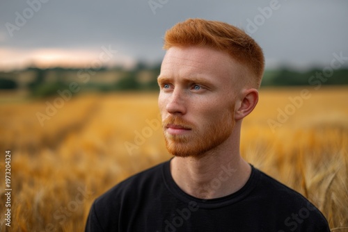 Male caucasian young adult redheaded man with short beard in wheat field at dusk closeup portrait