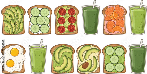 Healthy Toast and Smoothie Collection Featuring Avocado Salmon Cucumber Egg and Green Juice Breakfast Foods for Nutrition Diet and Lifestyle Illustration Set