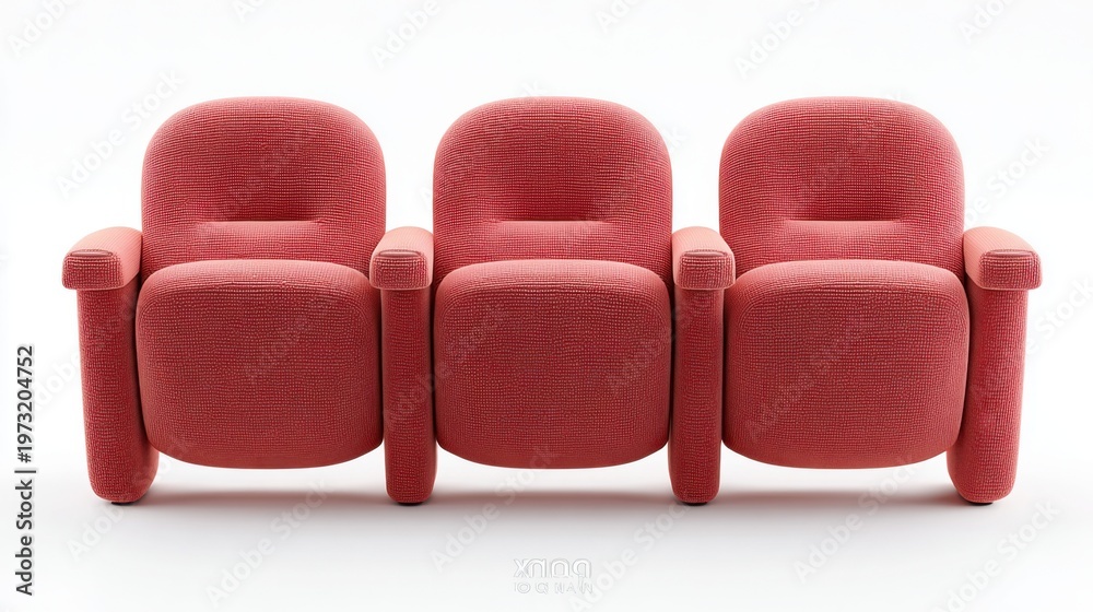 Fototapeta premium Three plush coral red cinema theater seats in a row against a seamless white background
