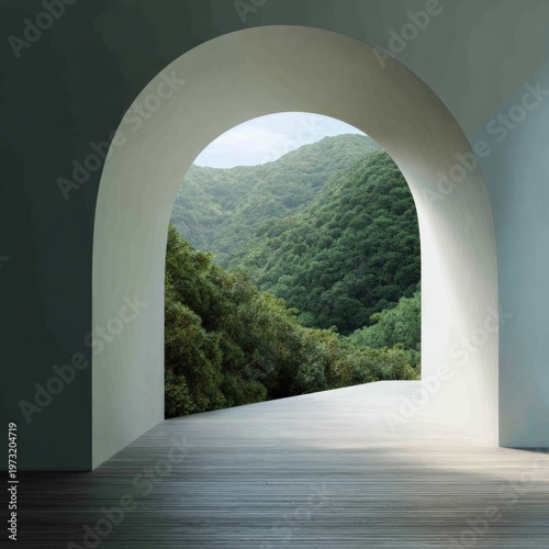 Minimal arched doorway framing lush green hillside vista with wooden floor and soft natural light