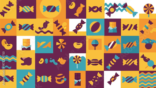Colorful flat design assortment of candies and sweets in a grid pattern sweet treats collection for festive occasions