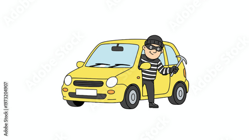 Car thief breaking into a yellow vehicle with a crowbar