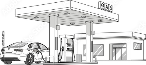 Vector Illustration of a Car Refueling at a Gas Station with Fuel Pump, Gas Station Icon