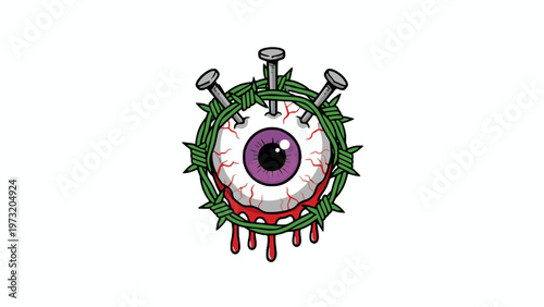 Bloodshot Eyeball with Barbed Wire and Nails Horror Illustration