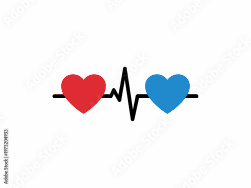 Red and blue heart icons with ECG pulse line on white background