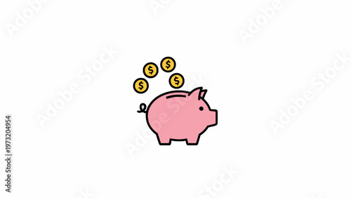 Pink Piggy Bank Saving Gold Coins Icon for Finance Concept