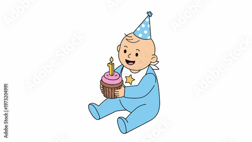 Baby Boy Holding First Birthday Cupcake Vector Illustration