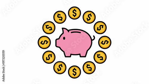 Piggy bank surrounded by gold dollar coins on white background