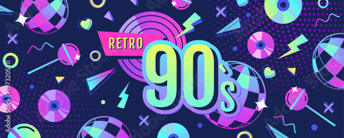 Retro fluorescent disco poster or banner of 80s-90s with disco ball, cd, records and chupa chups. Memphis style background. Vector illustration