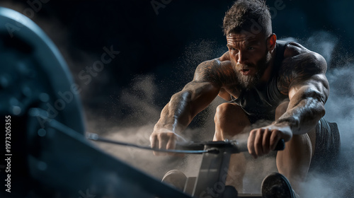 HYROX style cardio training, athlete using rowing machine during intense endurance workout.