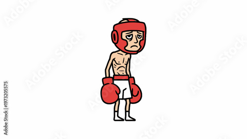 Weak skinny boxer with red headgear and gloves on white background