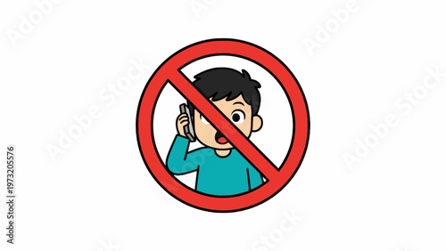 No cell phone prohibition sign with cartoon boy illustration