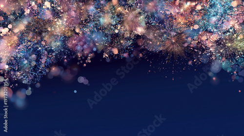 Colorful fireworks background with copy space, vibrant festive design,カラフルな花火の背景素材 コピースペース付きの華やかなデザイン