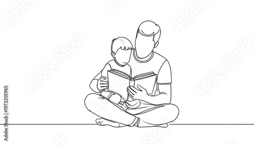 Father and Child Reading Together Sitting.