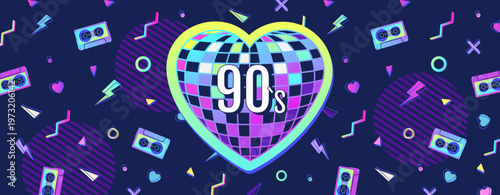 Retro fluorescent disco poster or banner of 80s-90s with disco ball, hearts and audio cassette. Memphis style background. Vector illustration