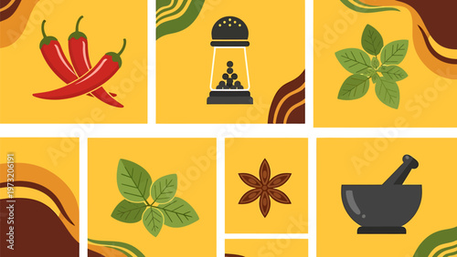 Vector illustration of various spice icons on yellow background for cooking and recipe design