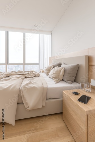 Serene and Modern Bedroom with Natural Light, Comfortable Bedding, and Minimalist Nightstand