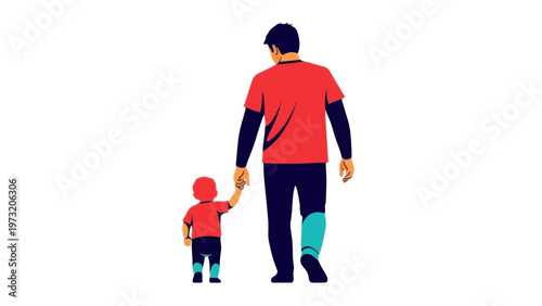 Man Holding Child Hand Walking Together.